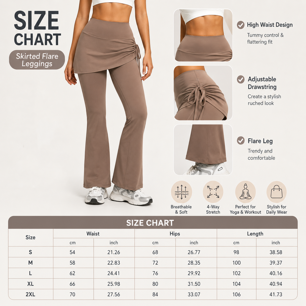 Women's High Waist Skirted Flare Yoga Pants with Adjustable Ruched Drawstring (M size)- Light brown Faux Two Piece Bootcut Leggings for Pilates, Gym Workout, Running, Dance and Everyday Wear