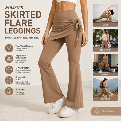 Women's High Waist Skirted Flare Yoga Pants with Adjustable Ruched Drawstring (L size)- Light brown Faux Two Piece Bootcut Leggings for Pilates, Gym Workout, Running, Dance and Everyday Wear