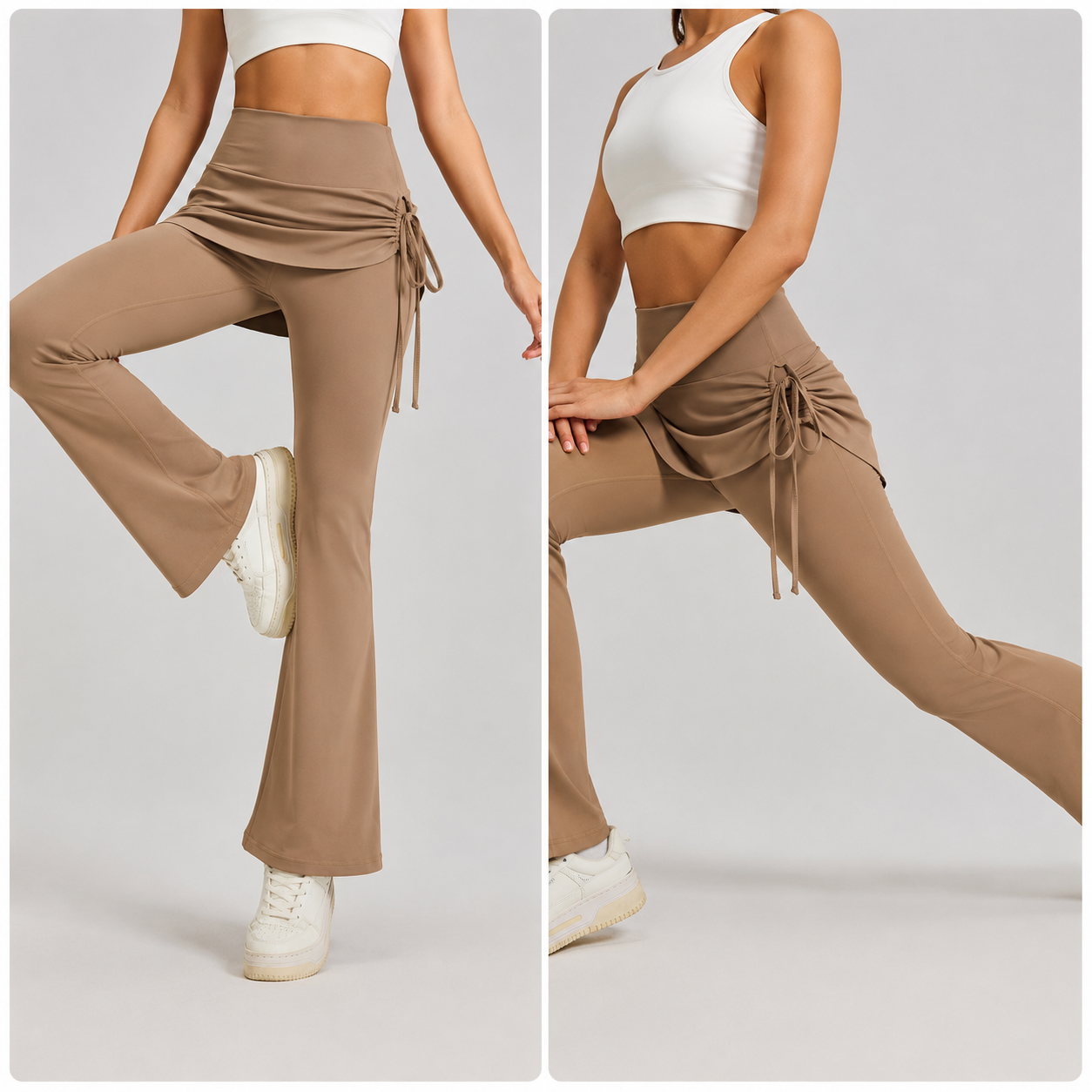 Women's High Waist Skirted Flare Yoga Pants with Adjustable Ruched Drawstring (XL size)- Light brown Faux Two Piece Bootcut Leggings for Pilates, Gym Workout, Running, Dance and Everyday Wear