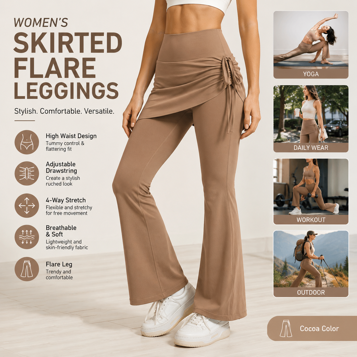 Women's High Waist Skirted Flare Yoga Pants with Adjustable Ruched Drawstring (XXL size)- Light brown Faux Two Piece Bootcut Leggings for Pilates, Gym Workout, Running, Dance and Everyday Wear