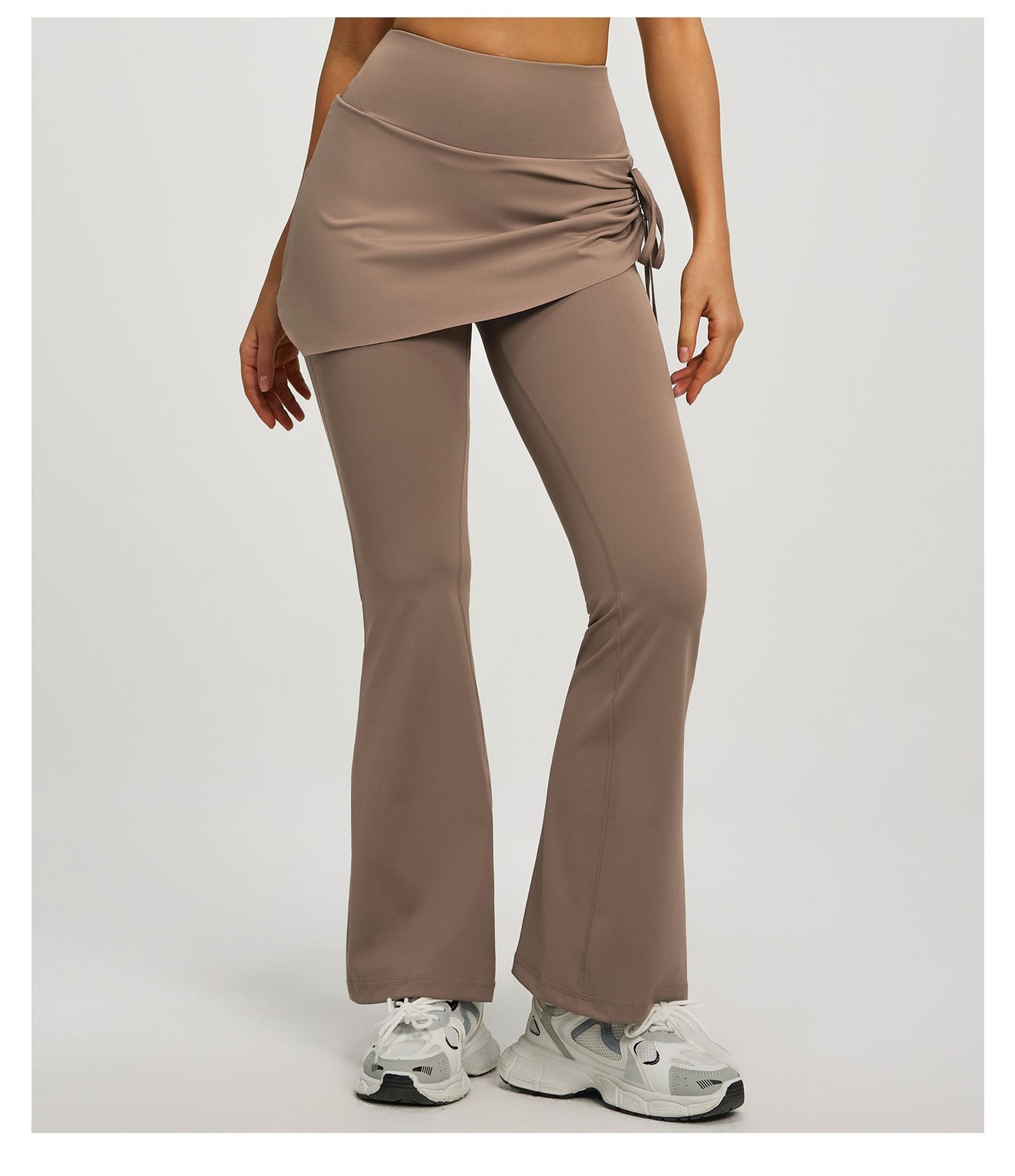 Women's High Waist Skirted Flare Yoga Pants with Adjustable Ruched Drawstring (XXL size)- Light brown Faux Two Piece Bootcut Leggings for Pilates, Gym Workout, Running, Dance and Everyday Wear