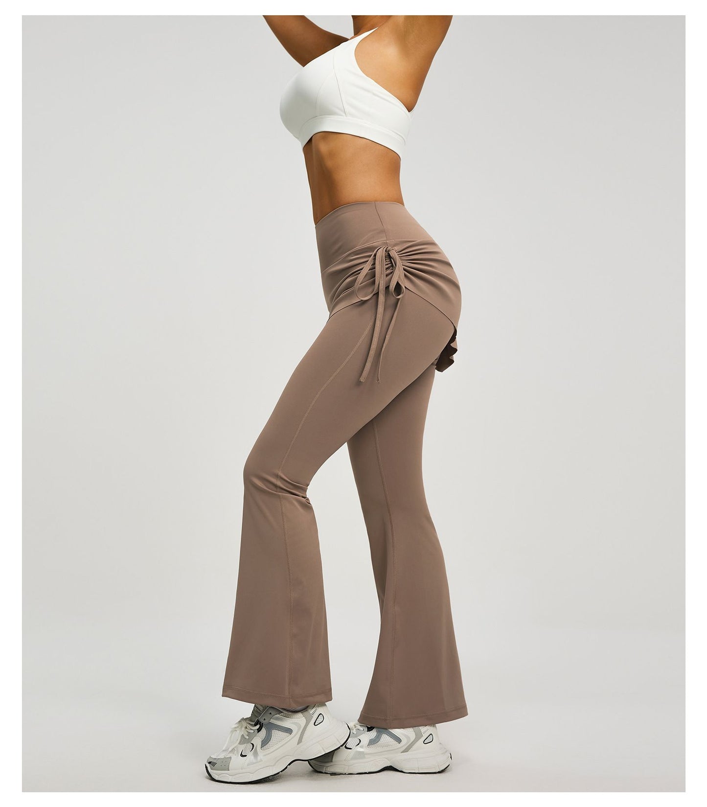Women's High Waist Skirted Flare Yoga Pants with Adjustable Ruched Drawstring (XXL size)- Light brown Faux Two Piece Bootcut Leggings for Pilates, Gym Workout, Running, Dance and Everyday Wear