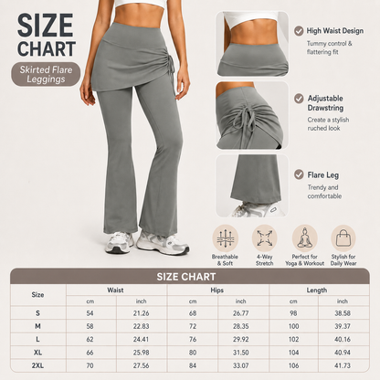 Women's High Waist Skirted Flare Yoga Pants with Adjustable Ruched Drawstring (S size)- Grey Faux Two Piece Bootcut Leggings for Pilates, Gym Workout, Running, Dance and Everyday Wear