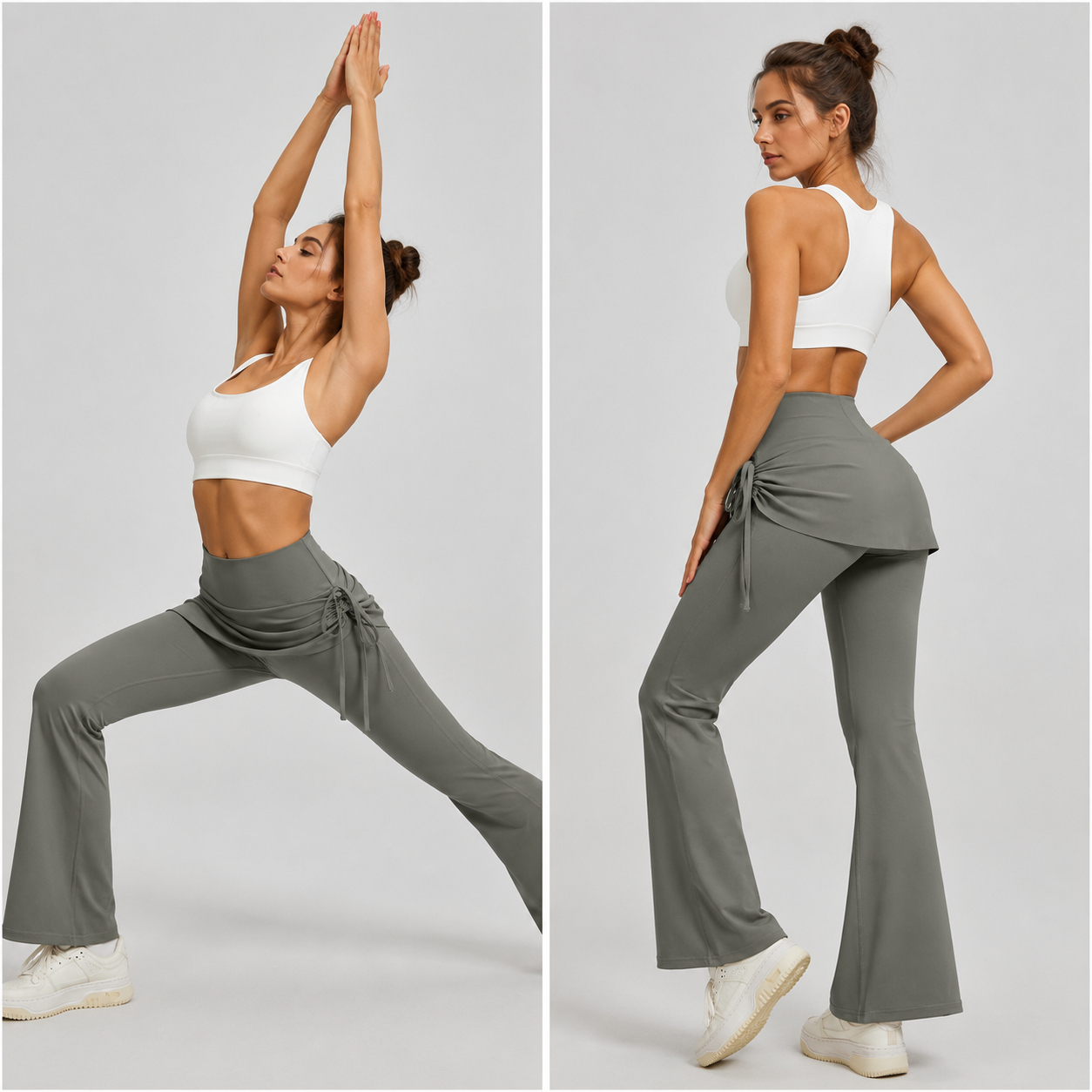Women's High Waist Skirted Flare Yoga Pants with Adjustable Ruched Drawstring (L size)- Grey Faux Two Piece Bootcut Leggings for Pilates, Gym Workout, Running, Dance and Everyday Wear