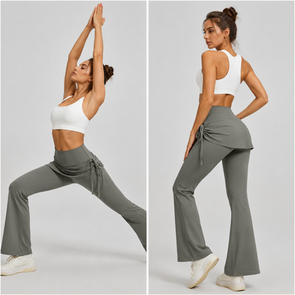 Women's High Waist Skirted Flare Yoga Pants with Adjustable Ruched Drawstring (L size)- Grey Faux Two Piece Bootcut Leggings for Pilates, Gym Workout, Running, Dance and Everyday Wear