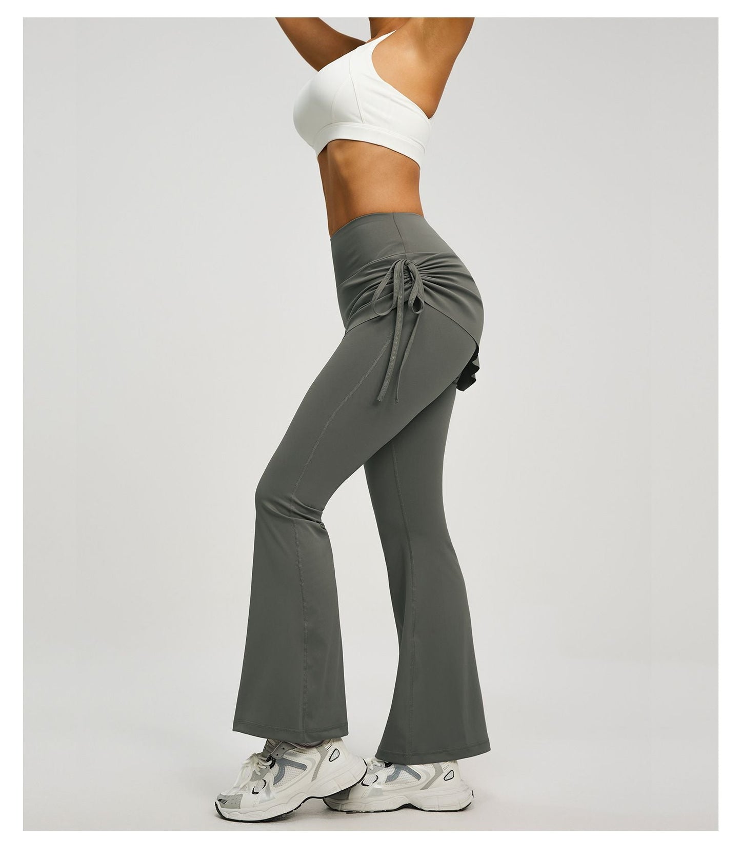 Women's High Waist Skirted Flare Yoga Pants with Adjustable Ruched Drawstring (L size)- Grey Faux Two Piece Bootcut Leggings for Pilates, Gym Workout, Running, Dance and Everyday Wear