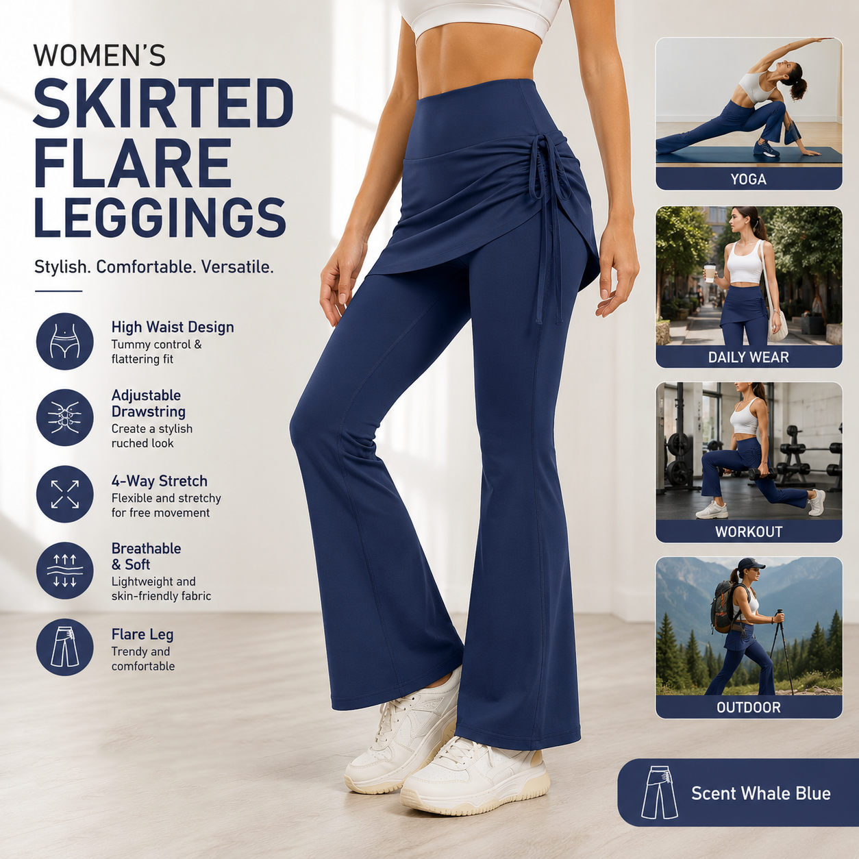 Women's High Waist Skirted Flare Yoga Pants with Adjustable Ruched Drawstring (L size)- Blue Faux Two Piece Bootcut Leggings for Pilates, Gym Workout, Running, Dance and Everyday Wear