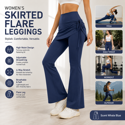 Women's High Waist Skirted Flare Yoga Pants with Adjustable Ruched Drawstring (L size)- Blue Faux Two Piece Bootcut Leggings for Pilates, Gym Workout, Running, Dance and Everyday Wear