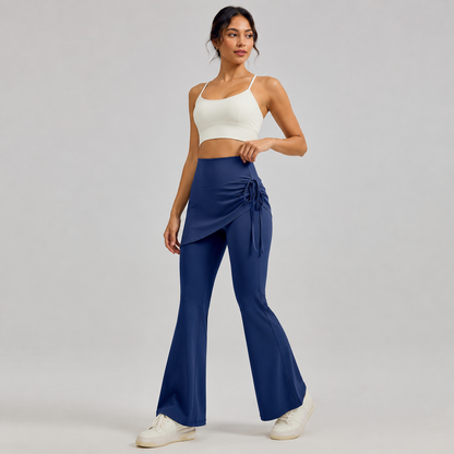 Women's High Waist Skirted Flare Yoga Pants with Adjustable Ruched Drawstring (XL size)- Blue Faux Two Piece Bootcut Leggings for Pilates, Gym Workout, Running, Dance and Everyday Wear