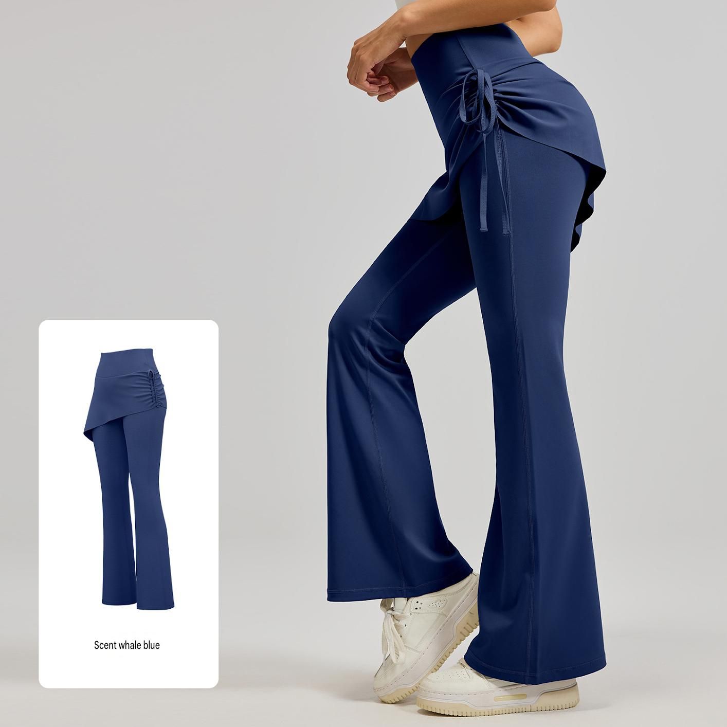Women's High Waist Skirted Flare Yoga Pants with Adjustable Ruched Drawstring (XXL size)- Blue Faux Two Piece Bootcut Leggings for Pilates, Gym Workout, Running, Dance and Everyday Wear