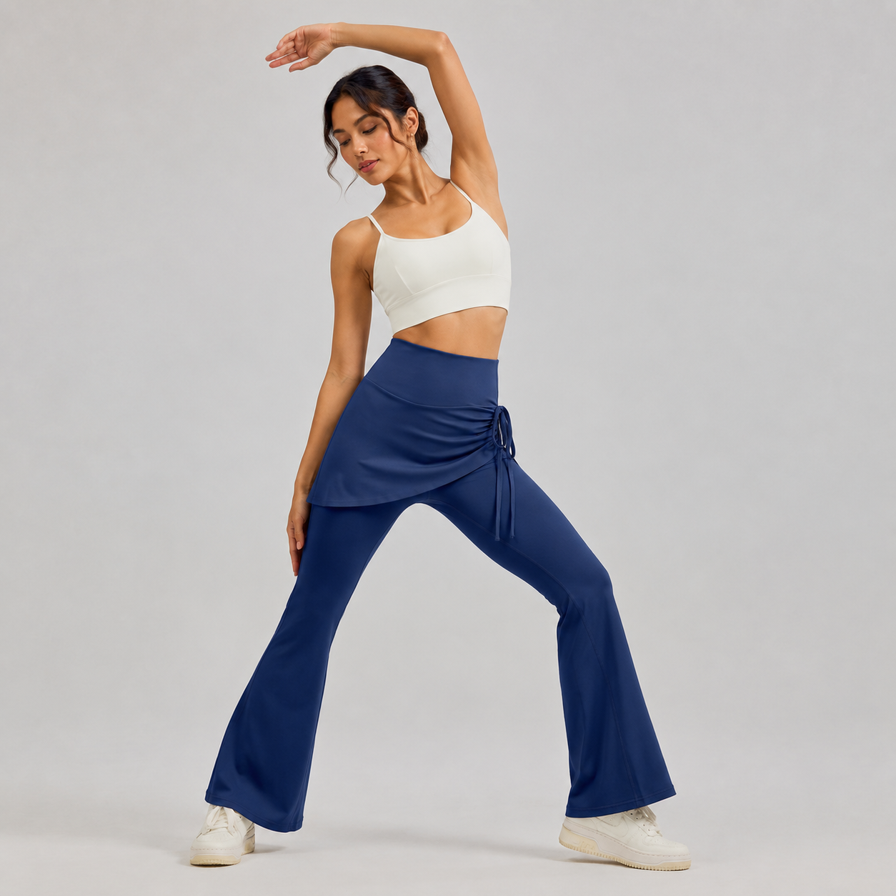 Women's High Waist Skirted Flare Yoga Pants with Adjustable Ruched Drawstring (XXL size)- Blue Faux Two Piece Bootcut Leggings for Pilates, Gym Workout, Running, Dance and Everyday Wear