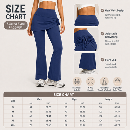 Women's High Waist Skirted Flare Yoga Pants with Adjustable Ruched Drawstring (XXL size)- Blue Faux Two Piece Bootcut Leggings for Pilates, Gym Workout, Running, Dance and Everyday Wear