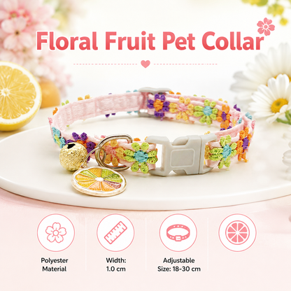 Floral Lace Pet Collar with Bell and Charm (Orange version)- Adjustable Polyester Cat Collar for Small Dogs and Cats, Colourful Embroidered Neck Collar, Cute Puppy Kitten Accessory, 18-30cm