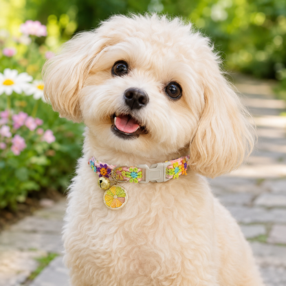 Floral Lace Pet Collar with Bell and Charm (Orange version)- Adjustable Polyester Cat Collar for Small Dogs and Cats, Colourful Embroidered Neck Collar, Cute Puppy Kitten Accessory, 18-30cm