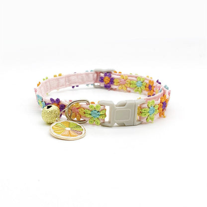 Floral Lace Pet Collar with Bell and Charm (Orange version)- Adjustable Polyester Cat Collar for Small Dogs and Cats, Colourful Embroidered Neck Collar, Cute Puppy Kitten Accessory, 18-30cm