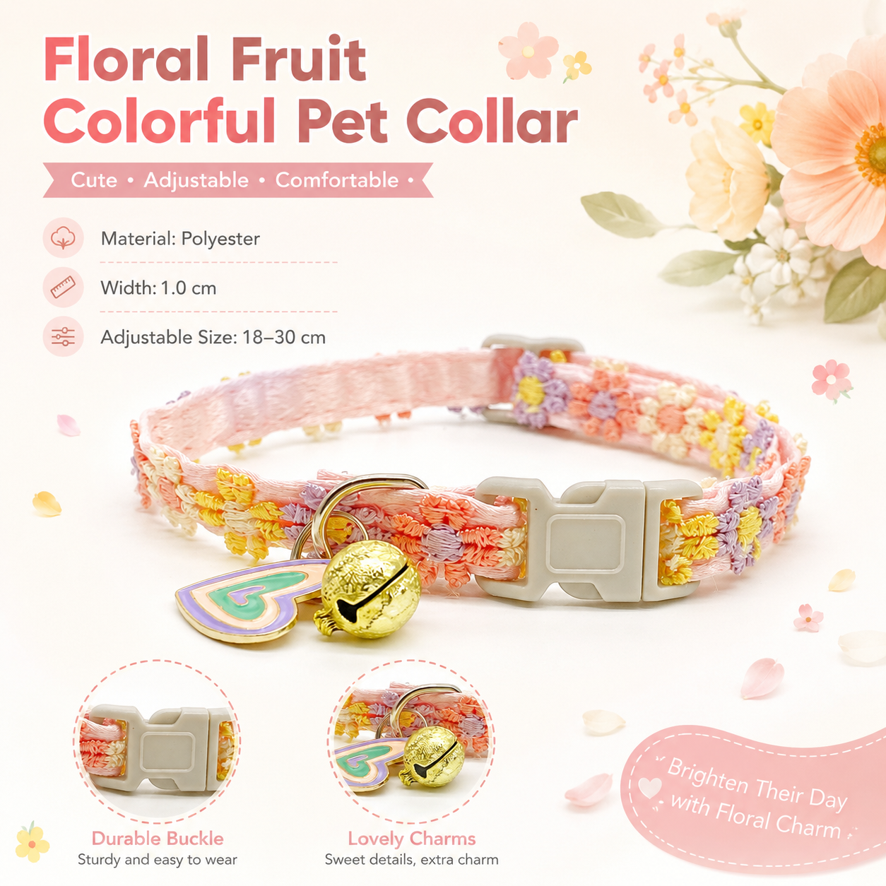 Floral Lace Pet Collar with Bell and Charm (Heart-shaped design)- Adjustable Polyester Cat Collar for Small Dogs and Cats, Colourful Embroidered Neck Collar, Cute Puppy Kitten Accessory, 18-30cm