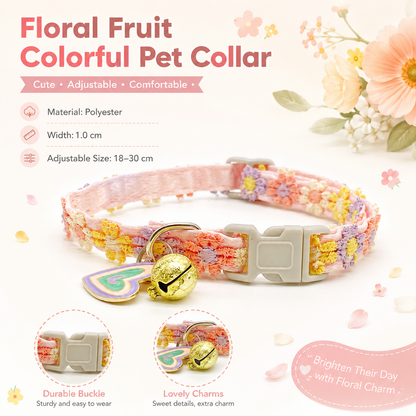 Floral Lace Pet Collar with Bell and Charm (Heart-shaped design)- Adjustable Polyester Cat Collar for Small Dogs and Cats, Colourful Embroidered Neck Collar, Cute Puppy Kitten Accessory, 18-30cm