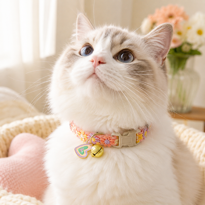 Floral Lace Pet Collar with Bell and Charm (Heart-shaped design)- Adjustable Polyester Cat Collar for Small Dogs and Cats, Colourful Embroidered Neck Collar, Cute Puppy Kitten Accessory, 18-30cm
