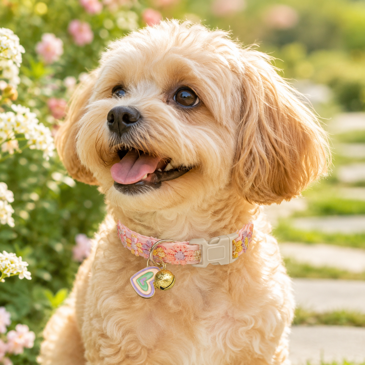 Floral Lace Pet Collar with Bell and Charm (Heart-shaped design)- Adjustable Polyester Cat Collar for Small Dogs and Cats, Colourful Embroidered Neck Collar, Cute Puppy Kitten Accessory, 18-30cm