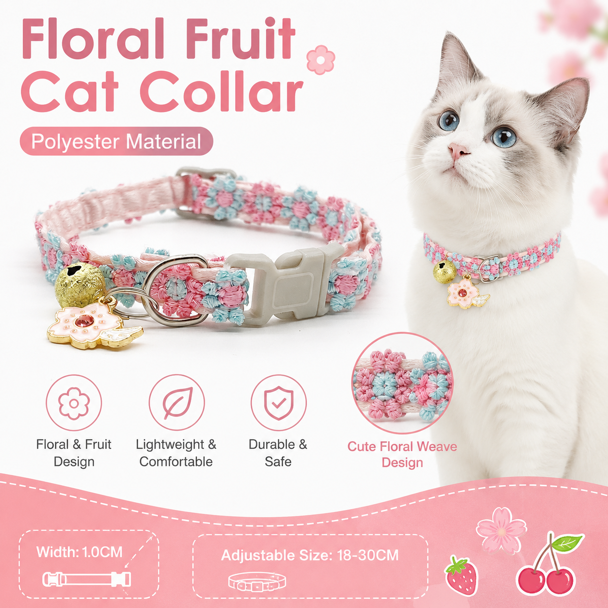 Floral Lace Pet Collar with Bell and Charm (Cherry blossom design)- Adjustable Polyester Cat Collar for Small Dogs and Cats, Colourful Embroidered Neck Collar, Cute Puppy Kitten Accessory, 18-30cm