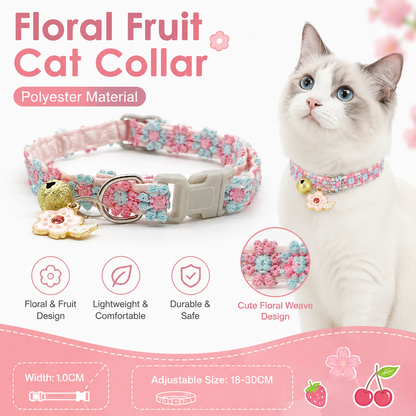 Floral Lace Pet Collar with Bell and Charm (Cherry blossom design)- Adjustable Polyester Cat Collar for Small Dogs and Cats, Colourful Embroidered Neck Collar, Cute Puppy Kitten Accessory, 18-30cm