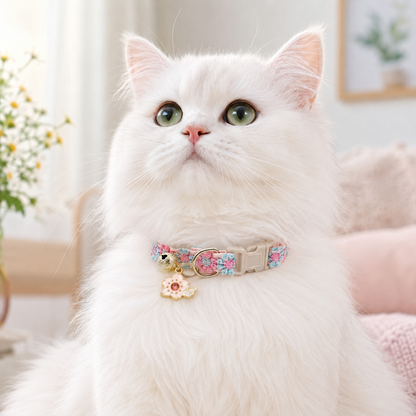 Floral Lace Pet Collar with Bell and Charm (Cherry blossom design)- Adjustable Polyester Cat Collar for Small Dogs and Cats, Colourful Embroidered Neck Collar, Cute Puppy Kitten Accessory, 18-30cm