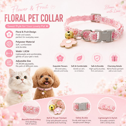 Floral Lace Pet Collar with Bell and Charm (Pink flower design)- Adjustable Polyester Cat Collar for Small Dogs and Cats, Colourful Embroidered Neck Collar, Cute Puppy Kitten Accessory, 18-30cm