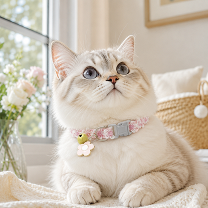 Floral Lace Pet Collar with Bell and Charm (Pink flower design)- Adjustable Polyester Cat Collar for Small Dogs and Cats, Colourful Embroidered Neck Collar, Cute Puppy Kitten Accessory, 18-30cm
