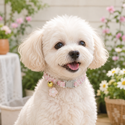 Floral Lace Pet Collar with Bell and Charm (Pink flower design)- Adjustable Polyester Cat Collar for Small Dogs and Cats, Colourful Embroidered Neck Collar, Cute Puppy Kitten Accessory, 18-30cm