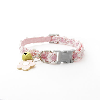 Floral Lace Pet Collar with Bell and Charm (Pink flower design)- Adjustable Polyester Cat Collar for Small Dogs and Cats, Colourful Embroidered Neck Collar, Cute Puppy Kitten Accessory, 18-30cm