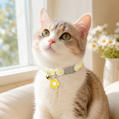Floral Lace Pet Collar with Bell and Charm (White flower design)- Adjustable Polyester Cat Collar for Small Dogs and Cats, Colourful Embroidered Neck Collar, Cute Puppy Kitten Accessory, 18-30cm