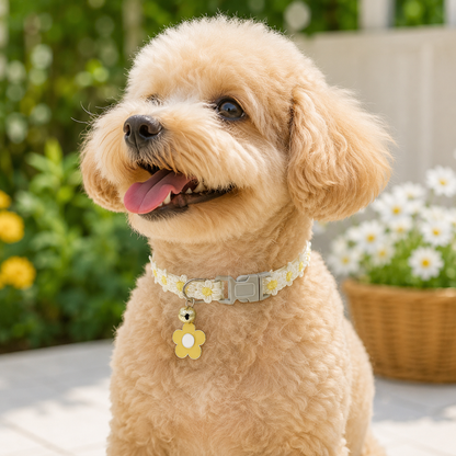Floral Lace Pet Collar with Bell and Charm (White flower design)- Adjustable Polyester Cat Collar for Small Dogs and Cats, Colourful Embroidered Neck Collar, Cute Puppy Kitten Accessory, 18-30cm