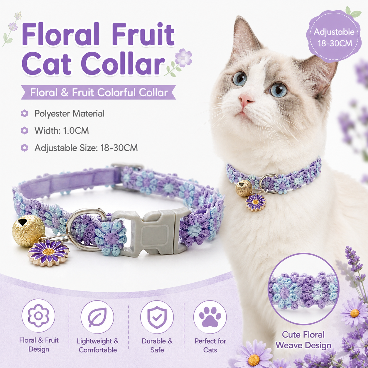 Floral Lace Pet Collar with Bell and Charm (Purple flower design)- Adjustable Polyester Cat Collar for Small Dogs and Cats, Colourful Embroidered Neck Collar, Cute Puppy Kitten Accessory, 18-30cm