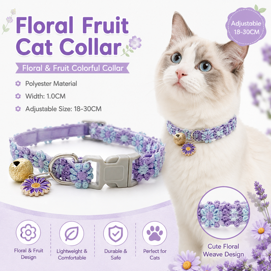 Floral Lace Pet Collar with Bell and Charm (Purple flower design)- Adjustable Polyester Cat Collar for Small Dogs and Cats, Colourful Embroidered Neck Collar, Cute Puppy Kitten Accessory, 18-30cm