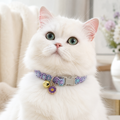 Floral Lace Pet Collar with Bell and Charm (Purple flower design)- Adjustable Polyester Cat Collar for Small Dogs and Cats, Colourful Embroidered Neck Collar, Cute Puppy Kitten Accessory, 18-30cm