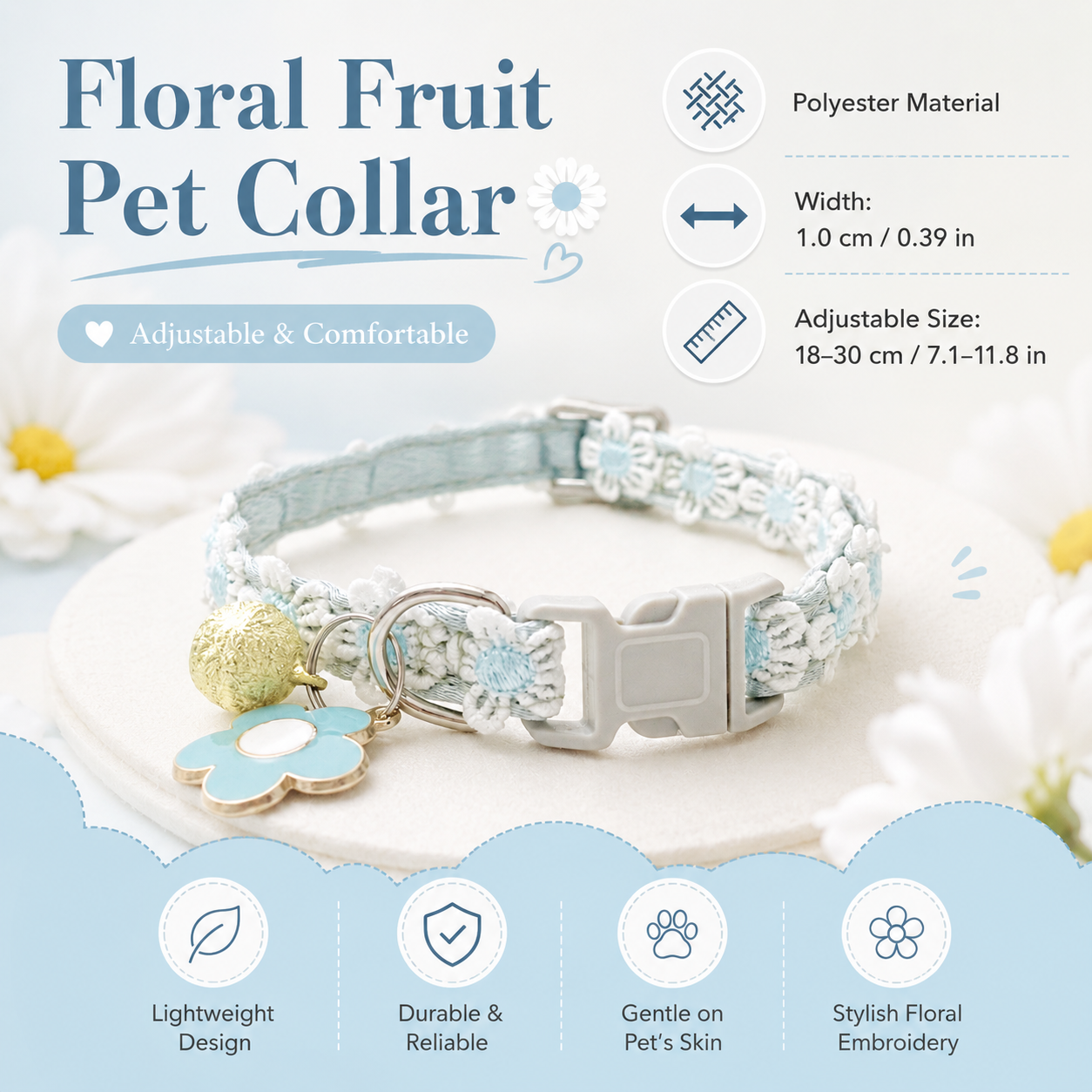 Floral Lace Pet Collar with Bell and Charm (Blue flower design)- Adjustable Polyester Cat Collar for Small Dogs and Cats, Colourful Embroidered Neck Collar, Cute Puppy Kitten Accessory, 18-30cm