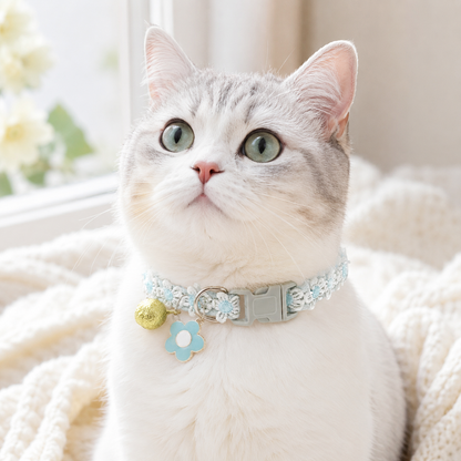 Floral Lace Pet Collar with Bell and Charm (Blue flower design)- Adjustable Polyester Cat Collar for Small Dogs and Cats, Colourful Embroidered Neck Collar, Cute Puppy Kitten Accessory, 18-30cm