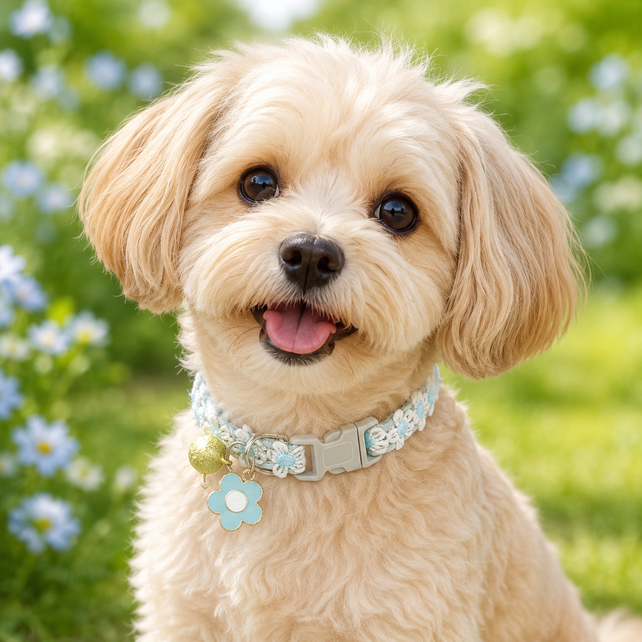Floral Lace Pet Collar with Bell and Charm (Blue flower design)- Adjustable Polyester Cat Collar for Small Dogs and Cats, Colourful Embroidered Neck Collar, Cute Puppy Kitten Accessory, 18-30cm