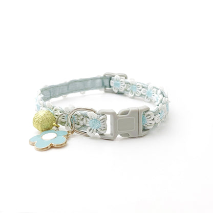 Floral Lace Pet Collar with Bell and Charm (Blue flower design)- Adjustable Polyester Cat Collar for Small Dogs and Cats, Colourful Embroidered Neck Collar, Cute Puppy Kitten Accessory, 18-30cm