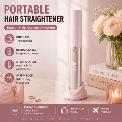 Pink Portable Cordless Hair Straightener Brush Rechargeable Mini Hair Styling Comb, USB-C Fast Charging, 4 Temperature Settings 140-220Â°C, Anti-Scald Design, Travel Hair Straightener for Home & On-the-Go Styling