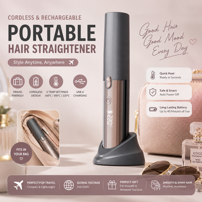 Brown Portable Cordless Hair Straightener Brush Rechargeable Mini Hair Styling Comb, USB-C Fast Charging, 4 Temperature Settings 140-220Â°C, Anti-Scald Design, Travel Hair Straightener for Home & On-the-Go Styling