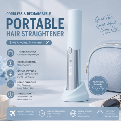 Blue Portable Cordless Hair Straightener Brush Rechargeable Mini Hair Styling Comb, USB-C Fast Charging, 4 Temperature Settings 140-220Â°C, Anti-Scald Design, Travel Hair Straightener for Home & On-the-Go Styling