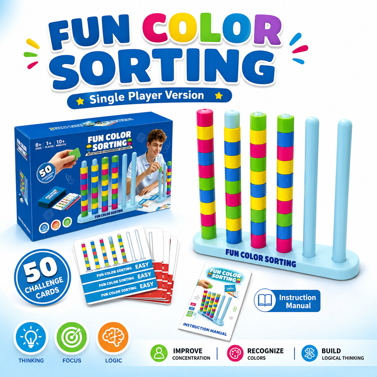 Colour Sorting Stacking Game with 50 Challenge Cards, Single Player Logic Puzzle and Ring Matching Tabletop Activity for Family Game Nights, Parties and Brain Training