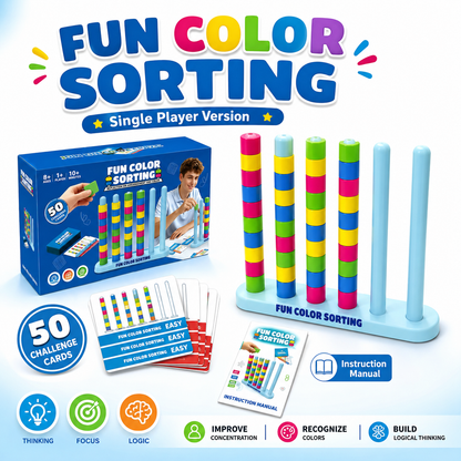 Colour Sorting Stacking Game with 50 Challenge Cards, Single Player Logic Puzzle and Ring Matching Tabletop Activity for Family Game Nights, Parties and Brain Training