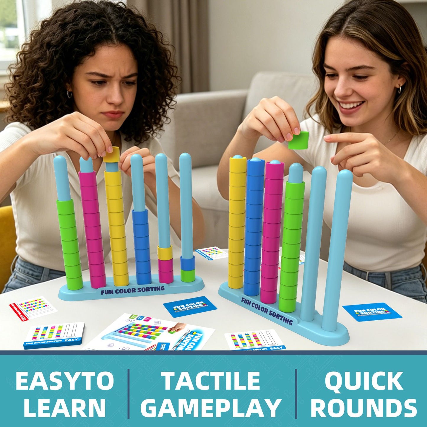 Colour Sorting Stacking Game with 50 Challenge Cards, Single Player Logic Puzzle and Ring Matching Tabletop Activity for Family Game Nights, Parties and Brain Training