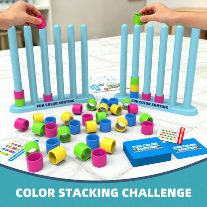 Colour Sorting Stacking Game with 50 Challenge Cards, Single Player Logic Puzzle and Ring Matching Tabletop Activity for Family Game Nights, Parties and Brain Training
