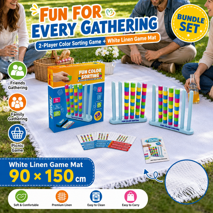 Colour Sorting Board Game Bundle with White Linen Tablecloth Blanket 90 x 150 cm, 2 Player Matching Puzzle Challenge Set, Family Party Picnic Travel Game