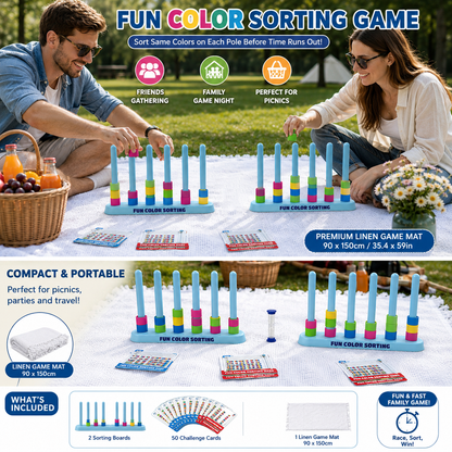 Colour Sorting Board Game Bundle with White Linen Tablecloth Blanket 90 x 150 cm, 2 Player Matching Puzzle Challenge Set, Family Party Picnic Travel Game