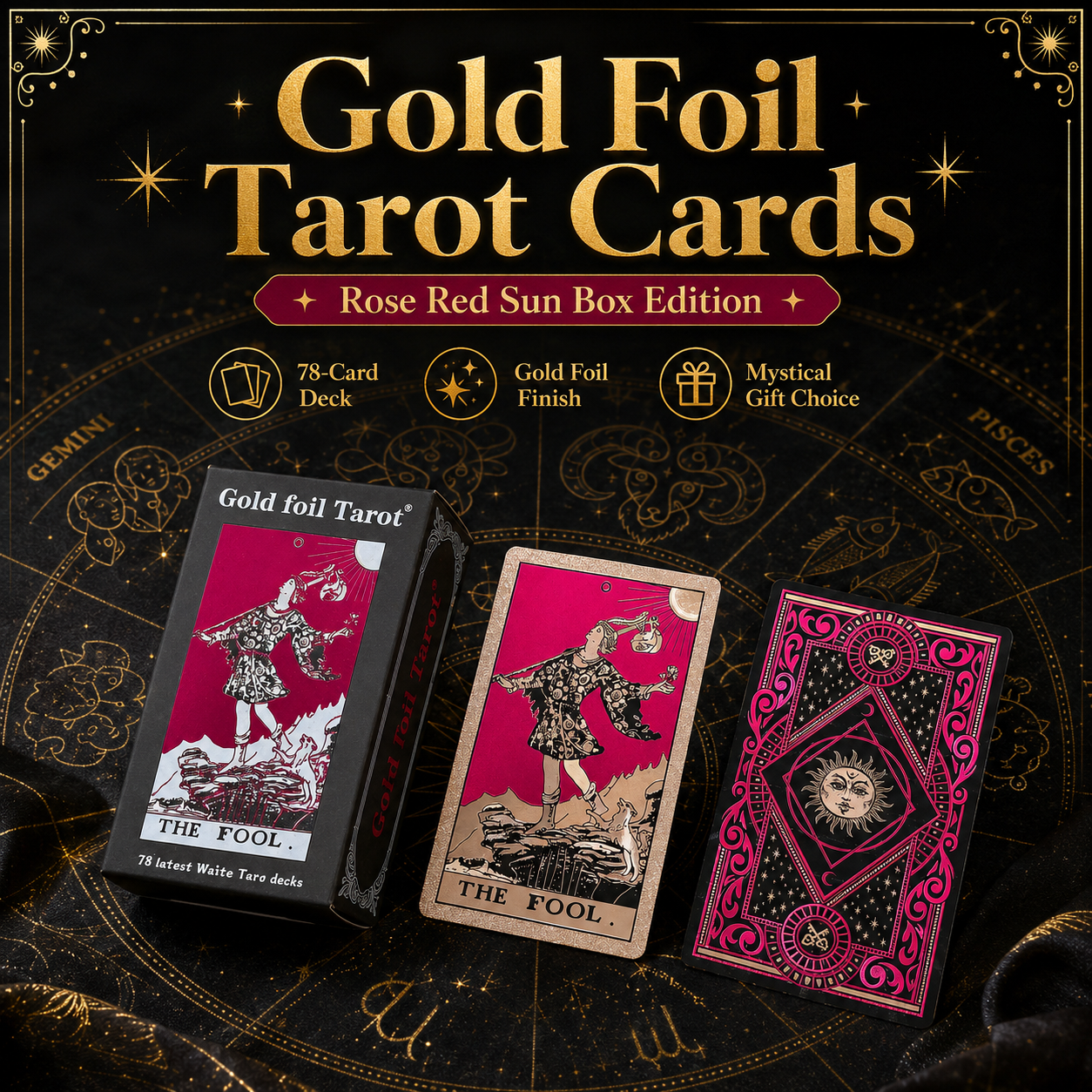 Rose Red Sun Paper Box Tarot Cards Waterproof PVC Plastic 78 Card Tarot Deck, Classic Divination Oracle Cards, Durable Shuffle Friendly Mystic Reading Cards Gift for Beginners and Collectors