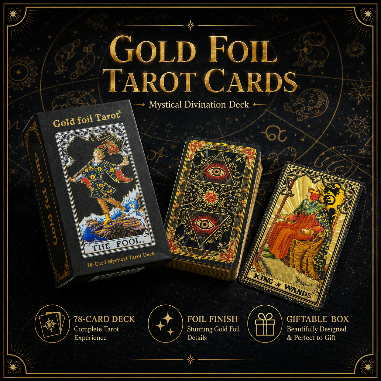 Gold Foil Tarot Cards Gilded Hexagram Paper Box Edition Waterproof PVC Plastic 78 Card Tarot Deck, Classic Divination Oracle Cards, Durable Shuffle Friendly Mystic Reading Gift for Beginners and Collectors